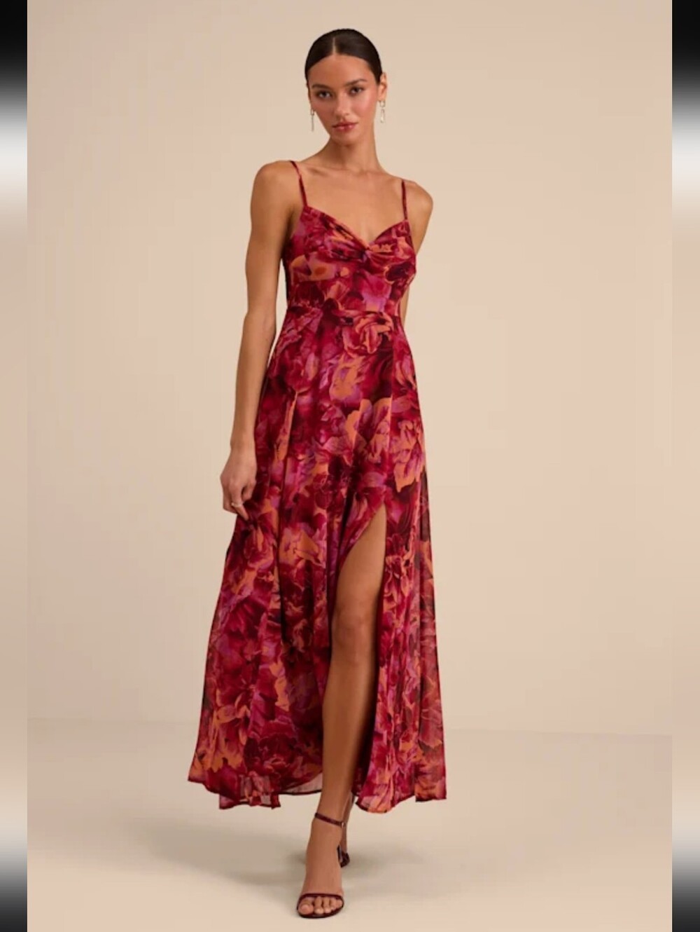 Lulus Beautiful Soul Burgundy Floral Print Twist-Front Maxi Dress